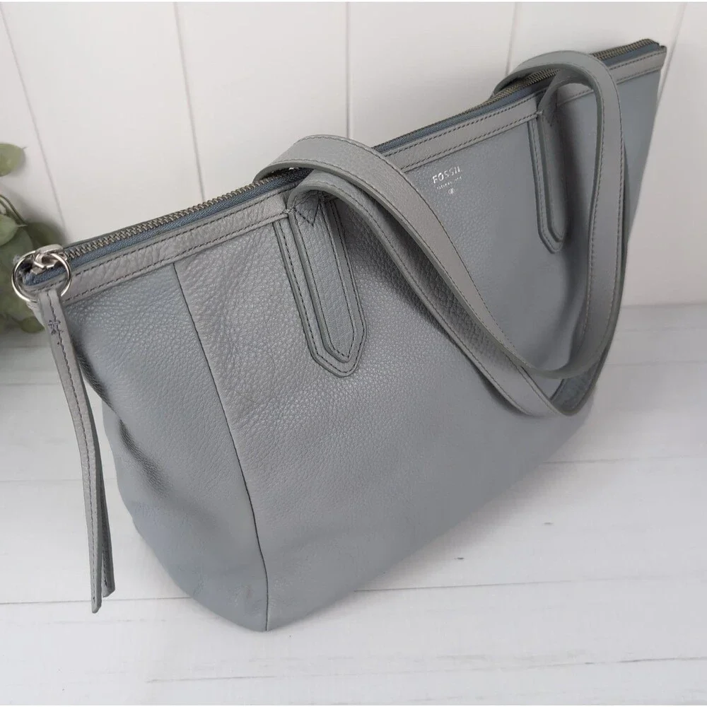 Fossil Sydney Large Leather Tote Smokey Blue Grey
